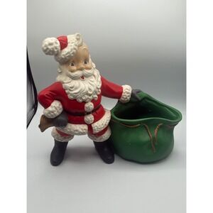 Vintage Ceramic Santa Claus Planter Figurine with Green Toy Bag Candy Dish Red
